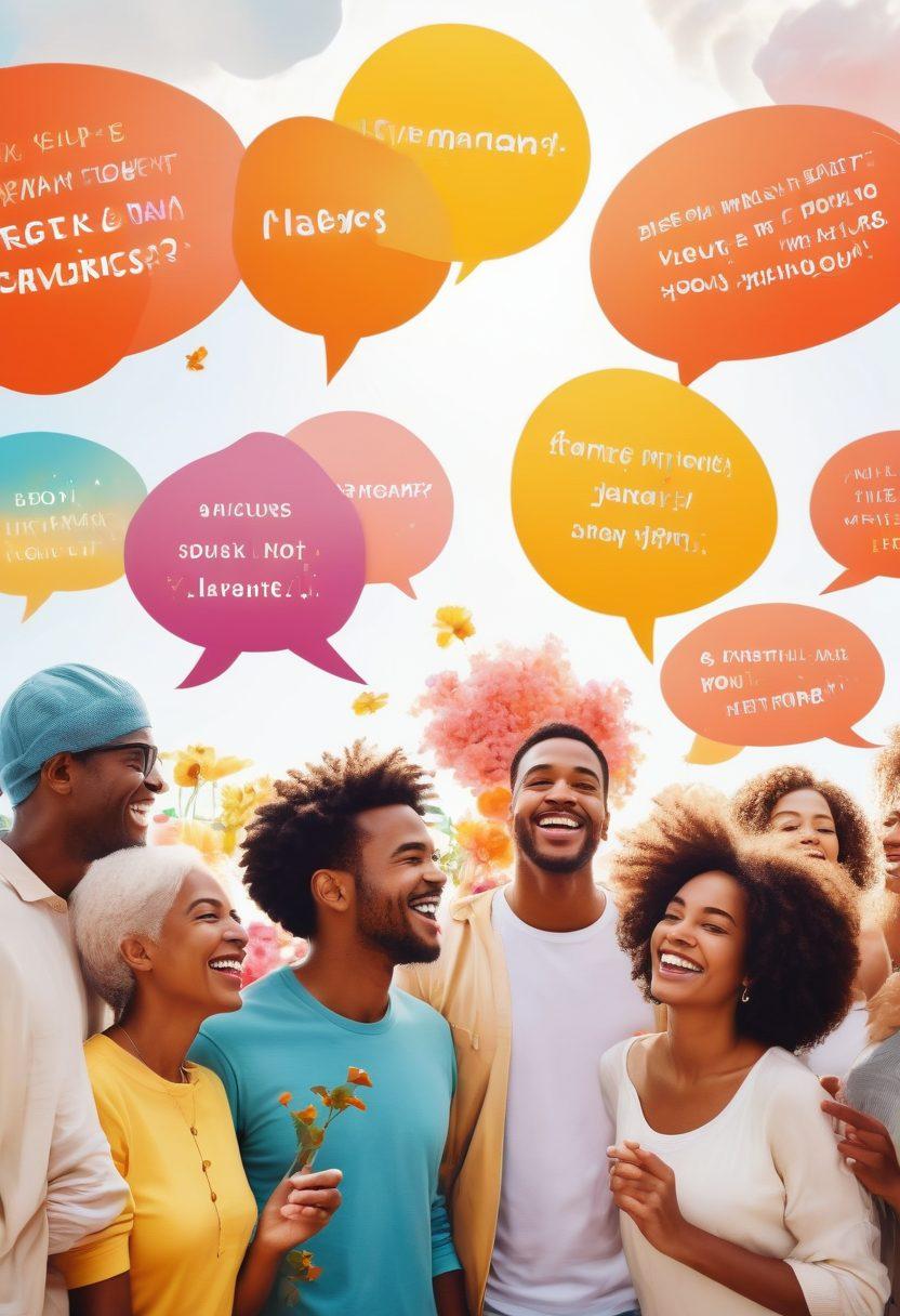 A bright, uplifting scene of diverse individuals engaged in a lively conversation, with speech bubbles filled with colorful words of encouragement and positivity. Include elements of nature like blooming flowers and sunny skies in the background to symbolize growth and joy. The setting should be inviting and warm, evoking a sense of community and connection. super-realistic. vibrant colors. white background.