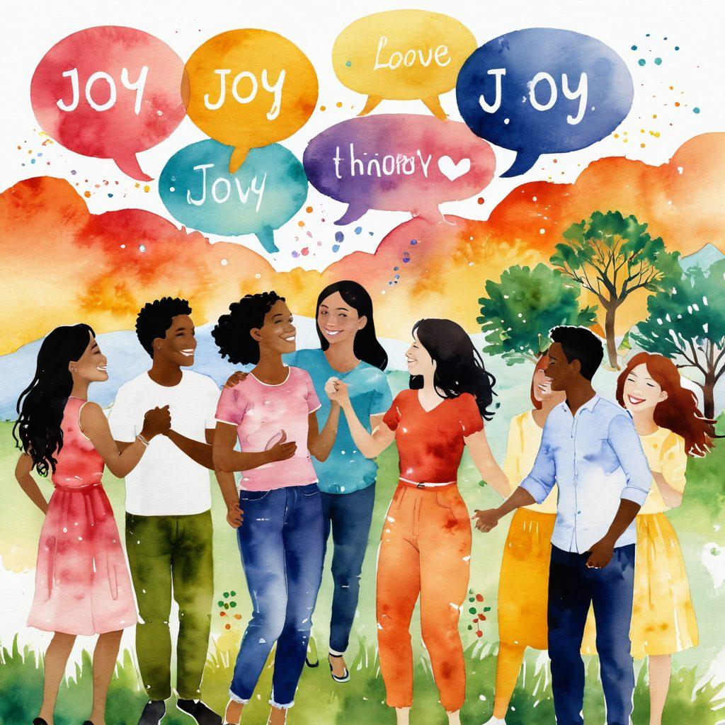 An enchanting scene depicting a diverse group of people joyfully communicating in various languages, surrounded by colorful speech bubbles filled with positive words like 'joy', 'love', and 'hope'. The backdrop features a vibrant landscape symbolizing unity and connection, with elements representing different cultures intermingling harmoniously. The individuals should express happiness and understanding through their body language. watercolor style. bright colors. cheerful ambiance.