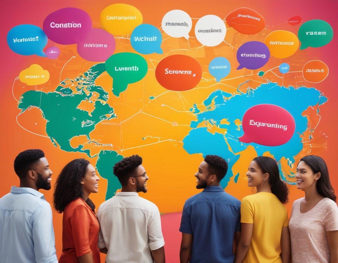 A diverse group of people from different cultures engaged in animated conversations, with colorful speech bubbles filled with expressive language elements like symbols and words. The background features a world map connecting various cities with vibrant lines, symbolizing global connections. The scene should evoke a sense of unity, communication, and cultural exchange. super-realistic. vibrant colors. 3D.